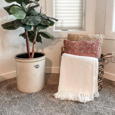 Light Gray Cotton Waffle Knit Throw Blanket with Tassels