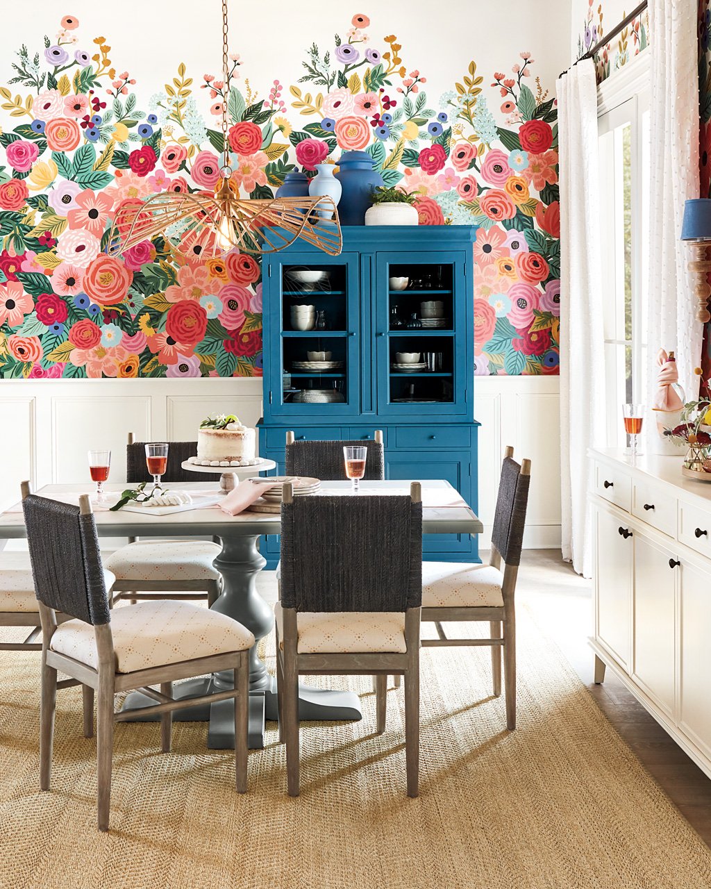 Shop Rifle Paper Co. Floral Pop Mural Wallpaper, Pamona Sideboard with Hutch, Lemonde Dining Table, Blakely Dining Chair, Dori Sisal Rug, Lelani Pendant, Suzanne Kasler French Bisque Lamp Slips - Matte Cream and more