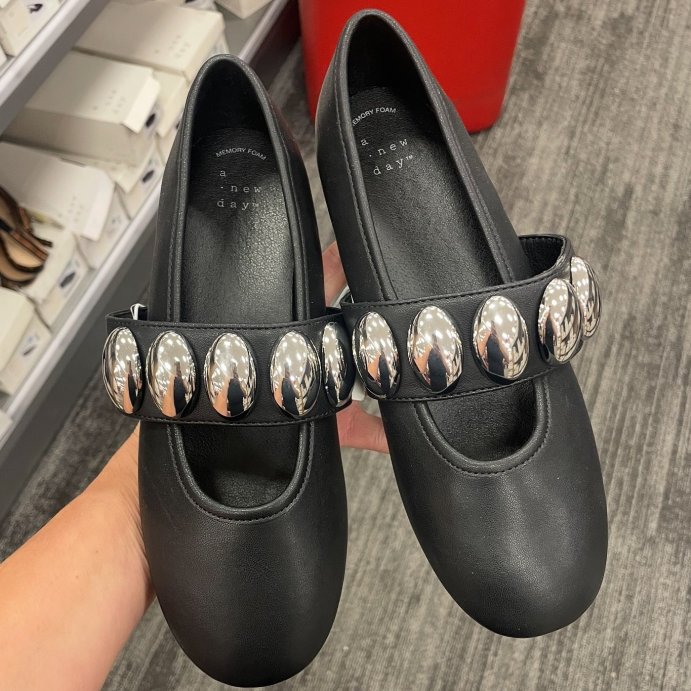 user image by @showermeintarget, Women&#8217;s Genevieve Oversized Dome Stud Mary Jane Flats with Memory Foam Insole &#8211; A New day&#8482; Black