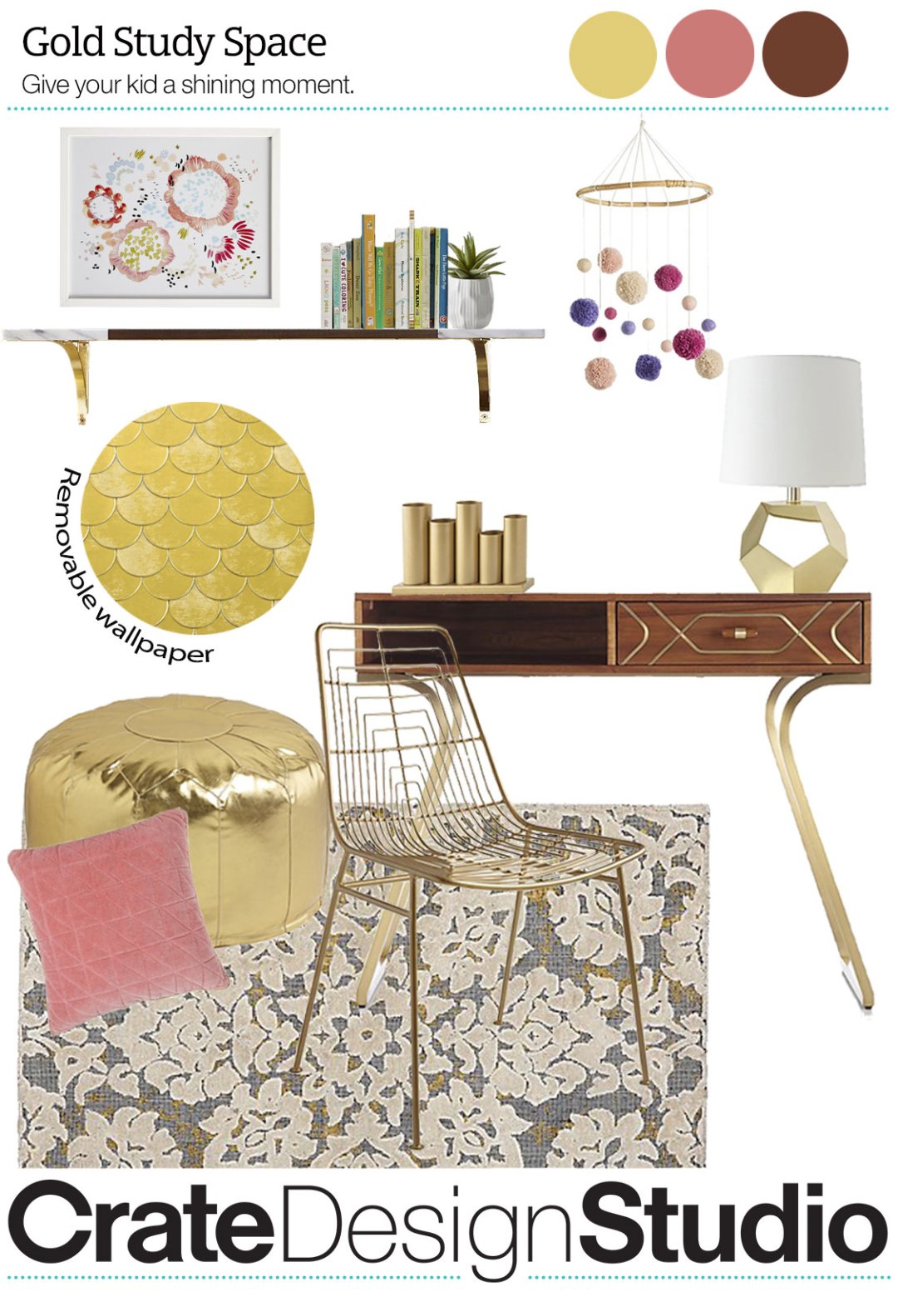 Shop Ballet Floral Framed Wall Art, Mini Pom Pom Mobile, Modern Marble Shelf, Genevieve Gorder Brass Belly Removable Wallpaper, Gold Metal Storage Caddy, Geometric Gold Lamp, Kids Wood and Metal Inlay Desk, Mini Faux Leather Gold Pouf, Domino Gold Kids Desk Chair, Pink Velvet Throw Pillow, Floral Metallic 4 x 6' Rug and more