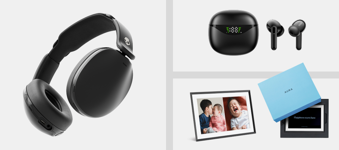 Shop Skullcandy Hesh 360 Headphones, Black, Bluehive BluePods True Wireless Earbuds with Digital Display, Aura Carver Mat Digital Picture Frame, 10.1-in and more