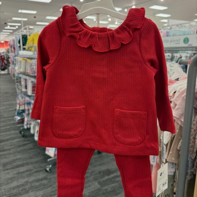 user image by @ministylewith.jules_, Baby Girls&#39; Christmas Holiday 2pc Ribbed Pocket Long Sleeve Top and Leggings Set - Cloud Island&#8482; Red
