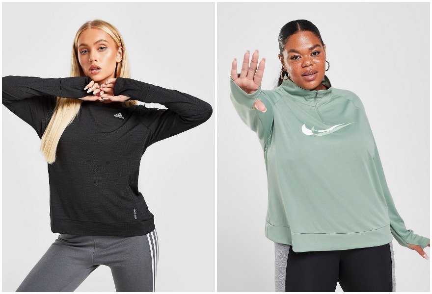 Naisten paidat ulkotreeniin, adidaksen musta paita ja Niken vihreä verryttelypaita