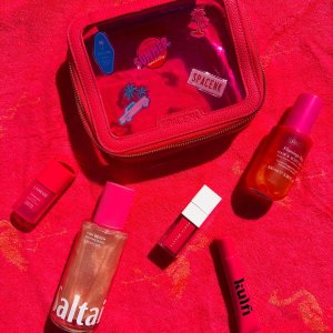 @spacenk&rsquo;s instagram photo of Space NK Medium Travel Bag Flamingo Pink,Space NK Flamingo Bay Hair & Body Mist,Kulfi Lip Snack Glossing Lip Balm,Saltair Pink Beach Shimmering Body Oil,LANEIGE JuicePop Box Lip Tint,Fenty Beauty Shake &lsquo;n Play Buildable Liquid Blush