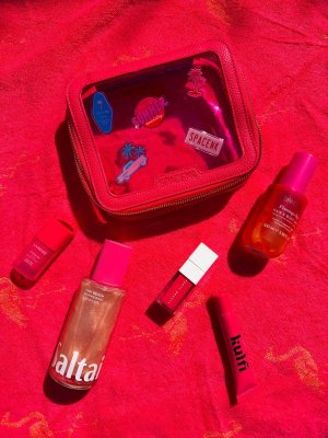 @spacenk&rsquo;s instagram photo of Space NK Medium Travel Bag Flamingo Pink,Space NK Flamingo Bay Hair & Body Mist,Kulfi Lip Snack Glossing Lip Balm,Saltair Pink Beach Shimmering Body Oil,LANEIGE JuicePop Box Lip Tint,Fenty Beauty Shake &lsquo;n Play Buildable Liquid Blush