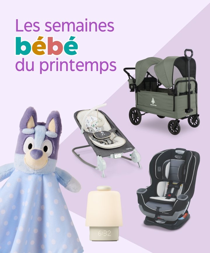 Shop Jouet en peluche durable Doudou Bluey, 13 po, Hatch Baby Sleep, Putty, Siège masseur Ingenuity Happy Belly Rock-to-Bounce, Poussette chariot Woods, vert, Siège d'auto transformable Graco Extend2Fit, harna and more