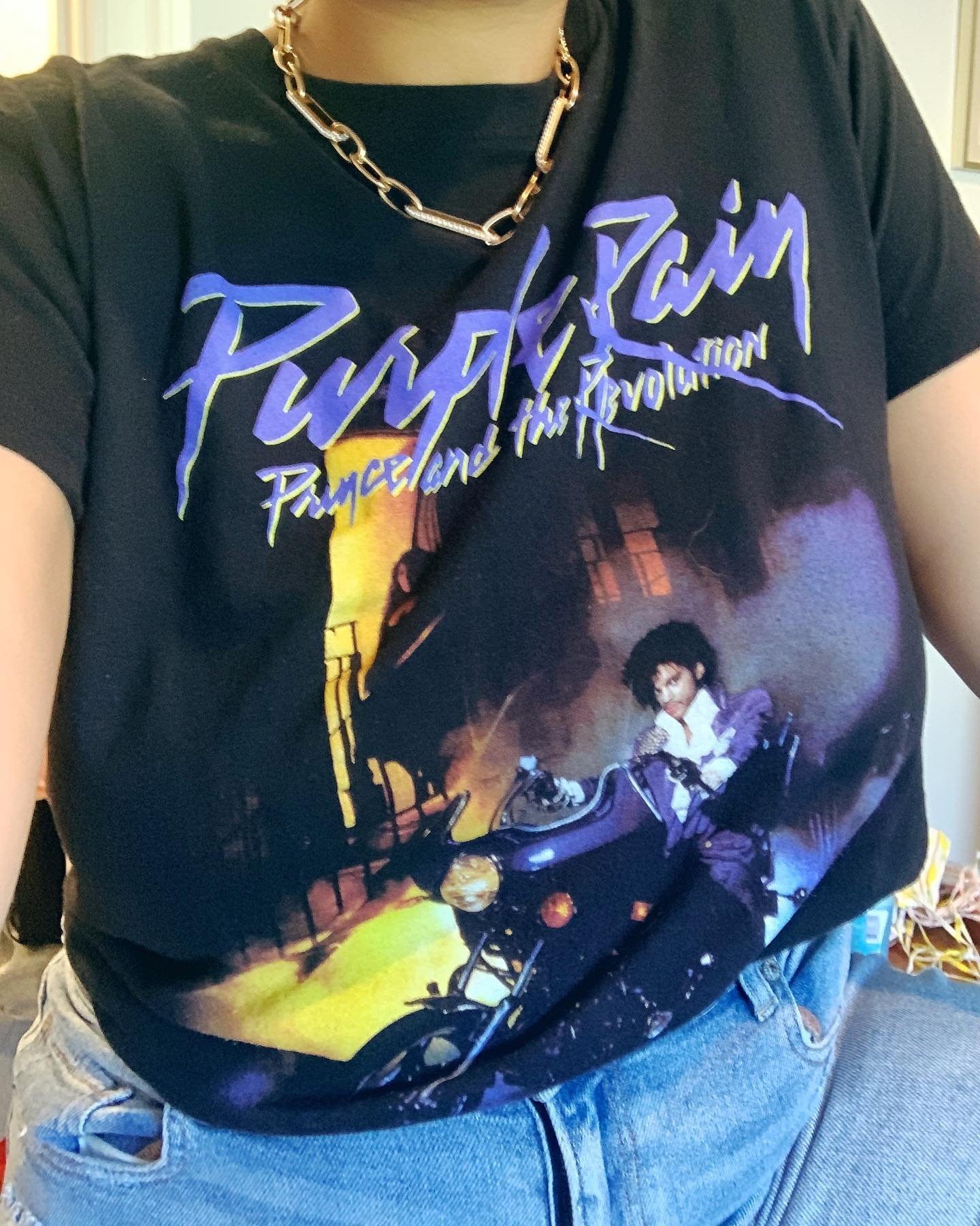 user image by @aliya.bowles, Men's Prince Purple Rain Short Sleeve Graphic Crewneck T-Shirt - Black