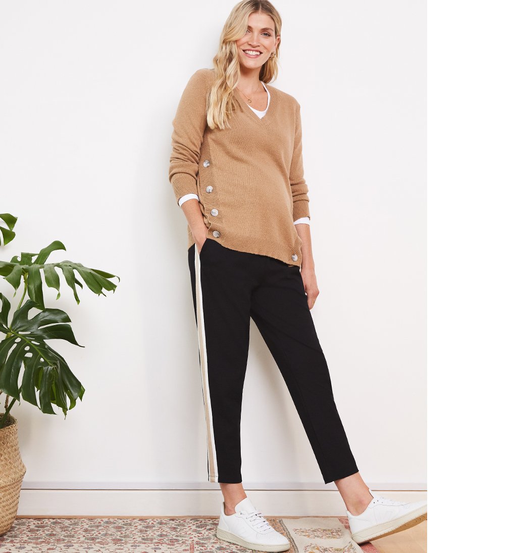 Shop Isabella Oliver Abi Greencash Maternity Jumper-Camel, Isabella Oliver Fae Ponte Maternity Pant with LENZING™ ECOVERO™-Black with Soft White & Camel and more