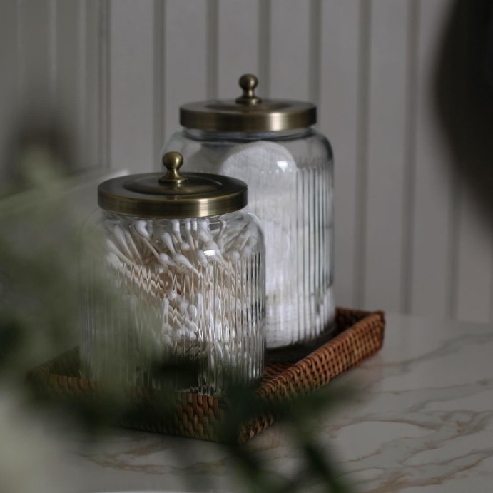 user image by @pattirobertsdesignco, Large Bath Glass Canister Brass - Threshold&#8482;: Elegant Storage Solution for Bathroom Essentials, 57.4oz Capacity