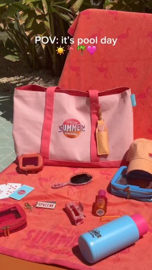 @spacenk&rsquo;s instagram video of Space NK Pink Beach Bag,Space NK Blue 1L Water Bottle,Space NK Peach Cap,Space NK Medium Travel Bag Poolside Blue,Space NK Flamingo Beach Towel,Space NK Micro Travel Bag Charm Sunset Peach,Space NK Pink Travel Hair Brush,Space NK Pink Claw Clip,Space NK Flamingo Bay Hair & Body Mist,Space NK Playing Cards,Space NK Number Plate Mirror Charm,Space NK Peach Lip Holder Charm