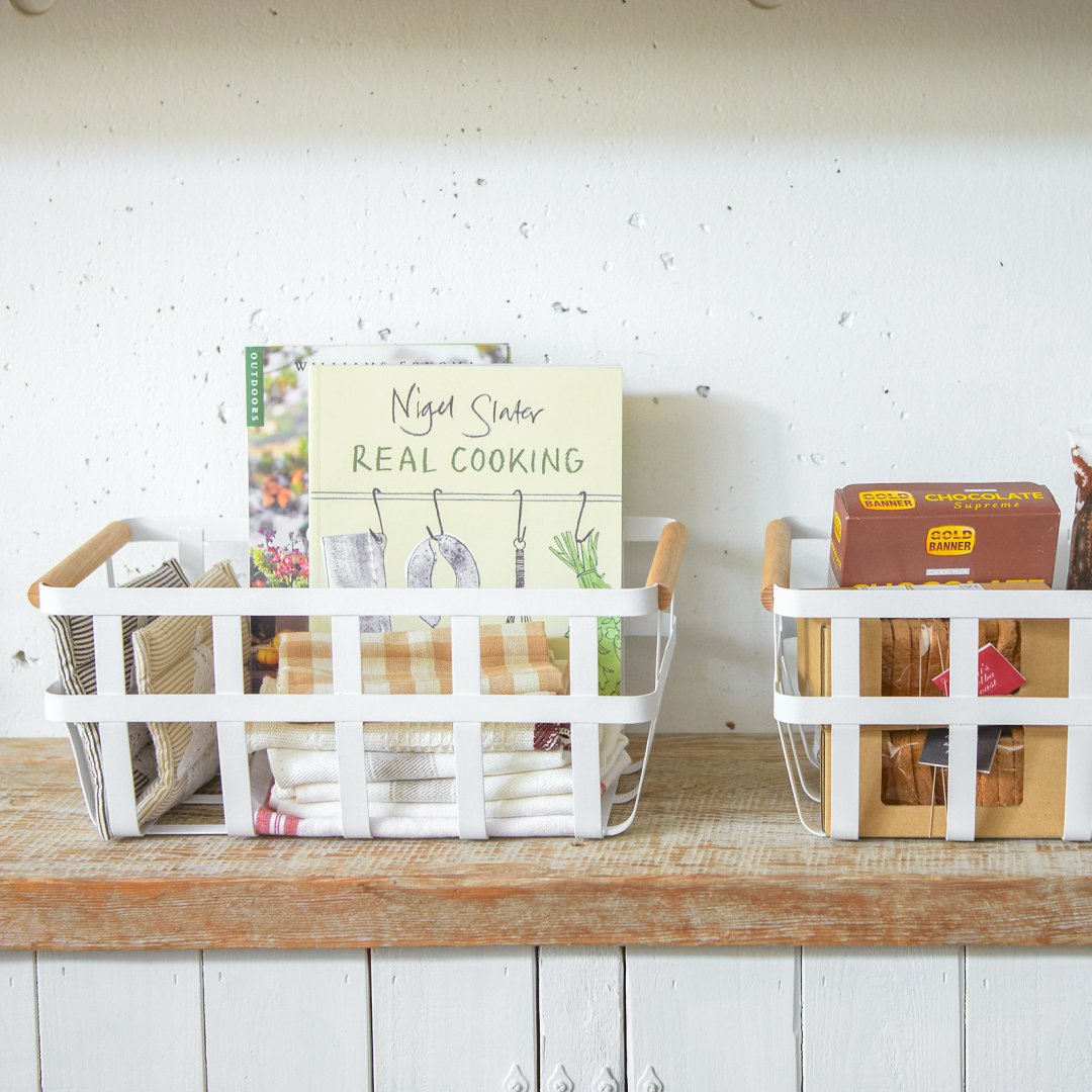 Yamazaki home wire storage basket styled in a rustic kitchen