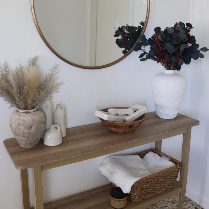 user image by @frugalteacher, Gretna Narrow Console Table Natural - Threshold&#8482;: Solid Wood, Rustic Sofa Table with Shelf