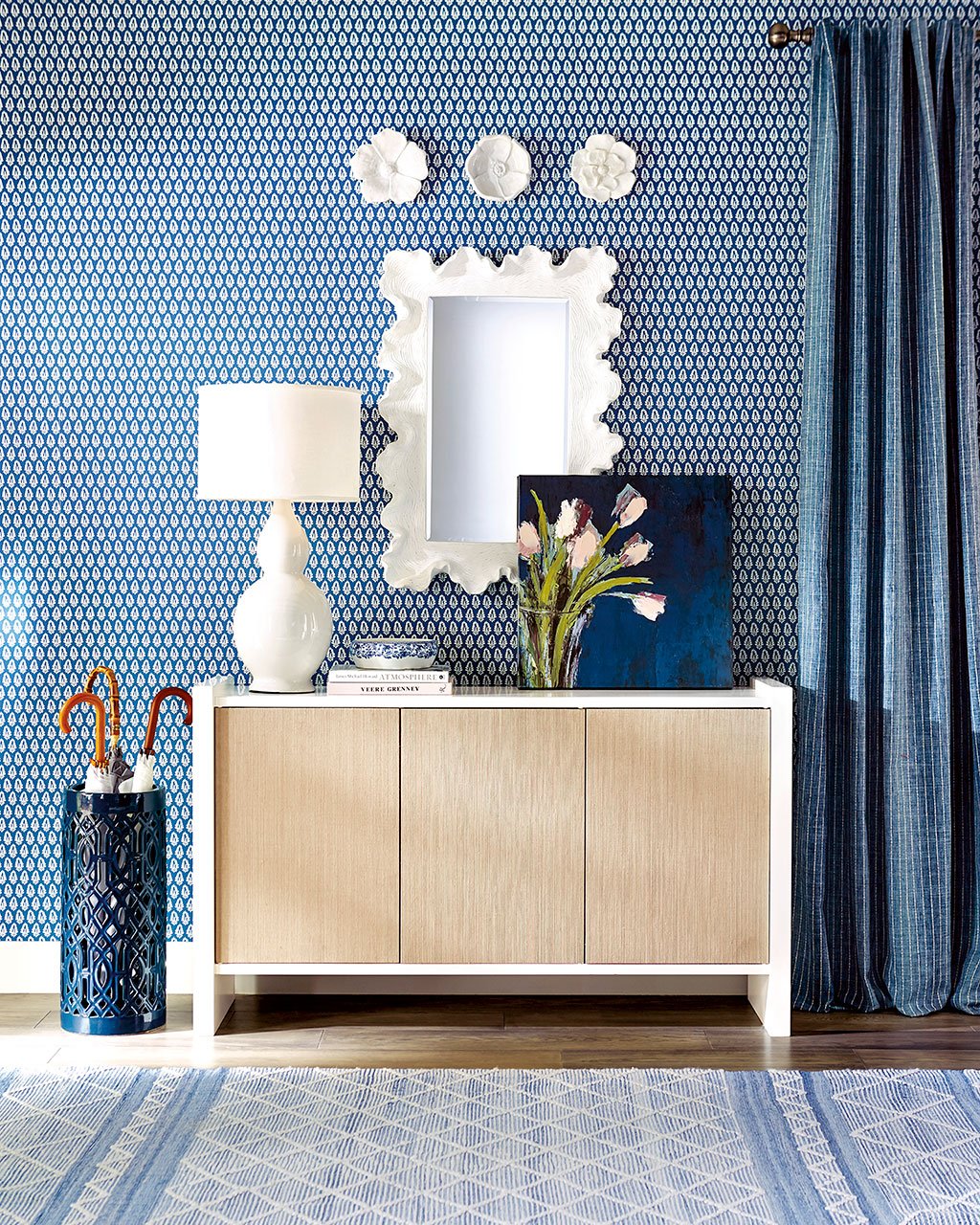 Shop Veranda Console, Atoll Rectangular Mirror with Clear Glass, Tulips on Blue Stretched Canvas, Cimerron Performance Rug and more