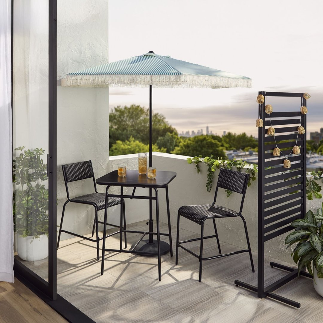Shop CANVAS Kensington Outdoor Patio High Dining Set with Stone Table Top, Black, 3-pc, Parasol de jardin à franges FOR LIVING, sauge, 7,5, Paravent CANVAS Kempt, grand, noir, 5.7 pi and more