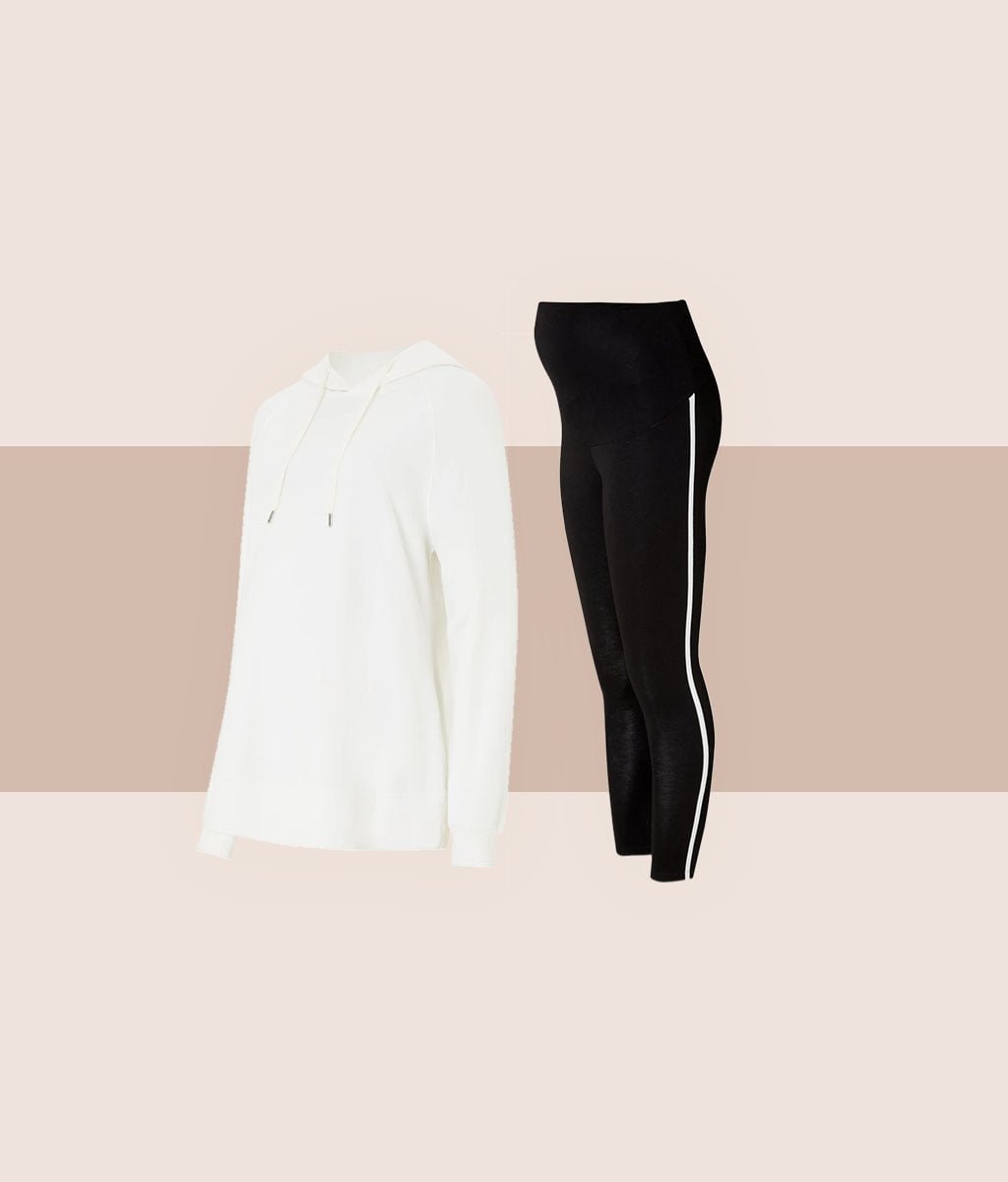 Shop Isabella Oliver Willow Maternity Leggings with LENZING™ ECOVERO™-Caviar Black & White, Isabella Oliver Maisie Organic Maternity Hoodie-Soft White and more