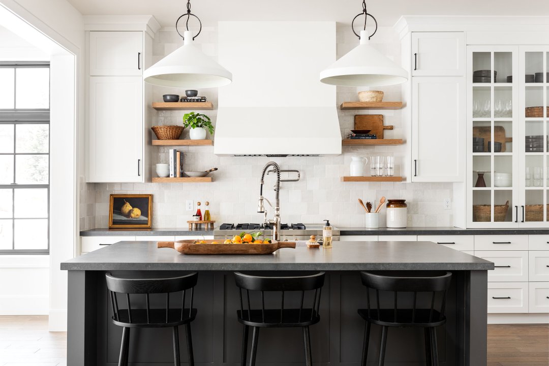 Black and White Kitchen with Black Island - Transitional - Kitchen