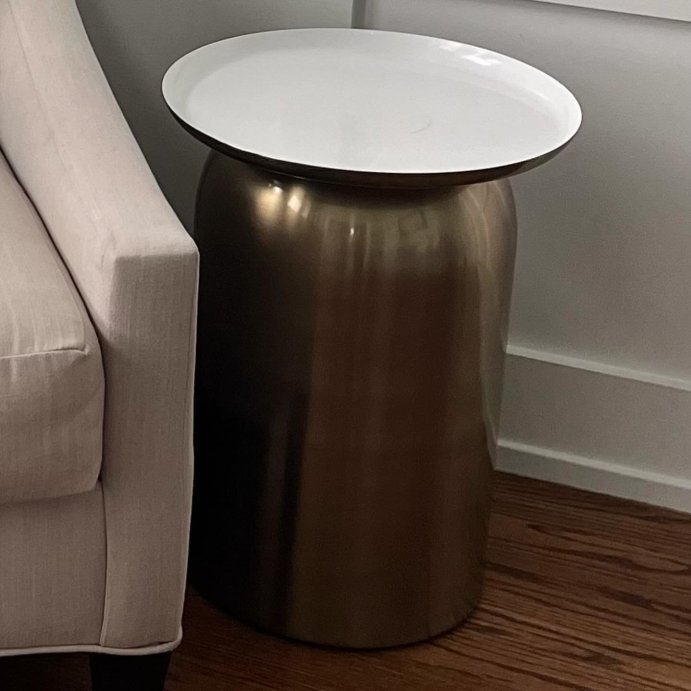user image by @lauramcd5, Brushed Brass Accent Table - Threshold&#8482;: Cylindrical, No Assembly, Iron Frame &#38; Tray Top
