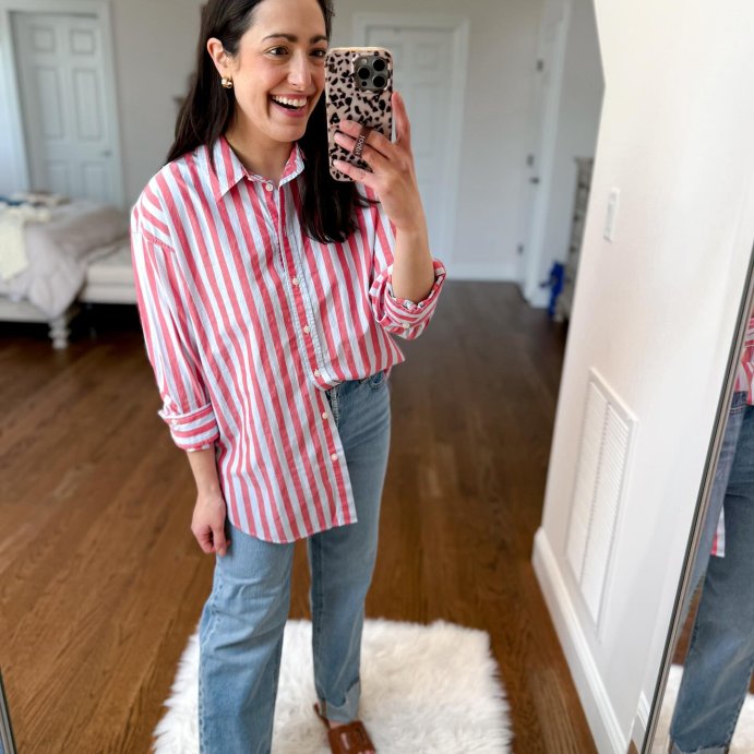 user image by @msnafashion, Women's Oversized Long Sleeve Collared Button-Front Shirt - Universal Thread™ Red Striped