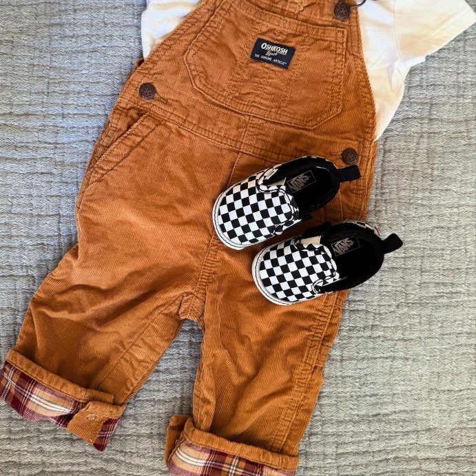 user image by @ari_cool_fits, OshKosh B'gosh Toddler Boys' Plaid Trim Corduroy Overalls - Brown