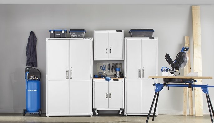 Shop Mastercraft 42" White 2-Door Tall Cabinet with Adjustable Shelves, 42 x 18 x 72-in, Mastercraft 28" White 2-Door Wide-Wall Cabinet with Adjustable Shelves, 28 x 12 x 28-in, Mastercraft 28" White 2-Door Wide-Base Cabinet with Castors & Adjustable Shelves, 28 x 18 x 34.5-in, Mastercraft 30" White 2-Door Tall Cabinet with Adjustable Shelves, 30 x 18 x 72-in and more