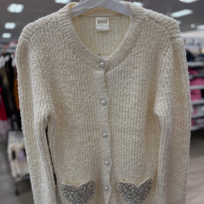 user image by @alleyezonfindz, Wicked x Katie Kime Women's Heart Graphic Cardigan - Cream