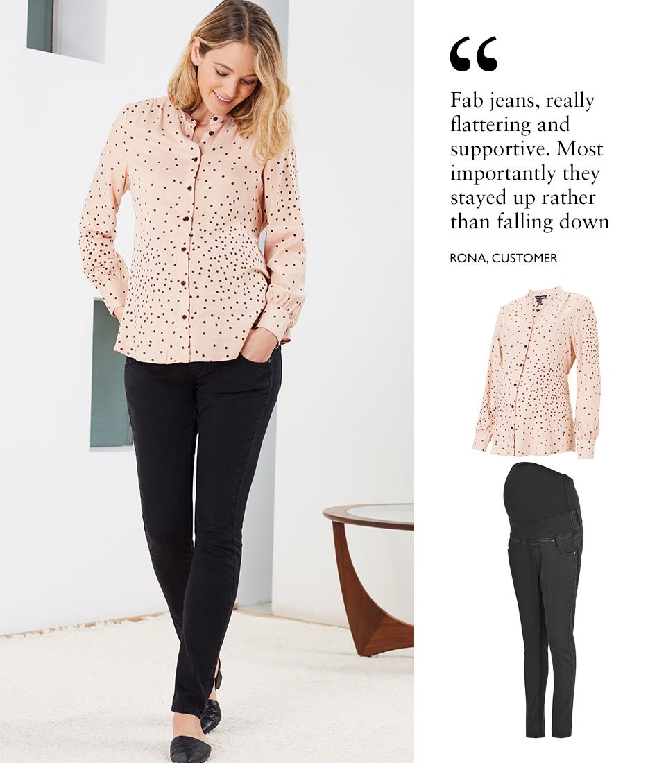 Shop Isabella Oliver Juniper Maternity Blouse-Light Peach Polka, Isabella Oliver Super Stretch Maternity Skinny Jean-Caviar Black and more