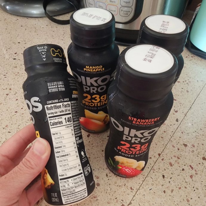 user image by @steph_the_shrinking_chef, Oikos Pro Fat Free Strawberry Banana Cultured Dairy Drink - 23g Protein 7 fl oz