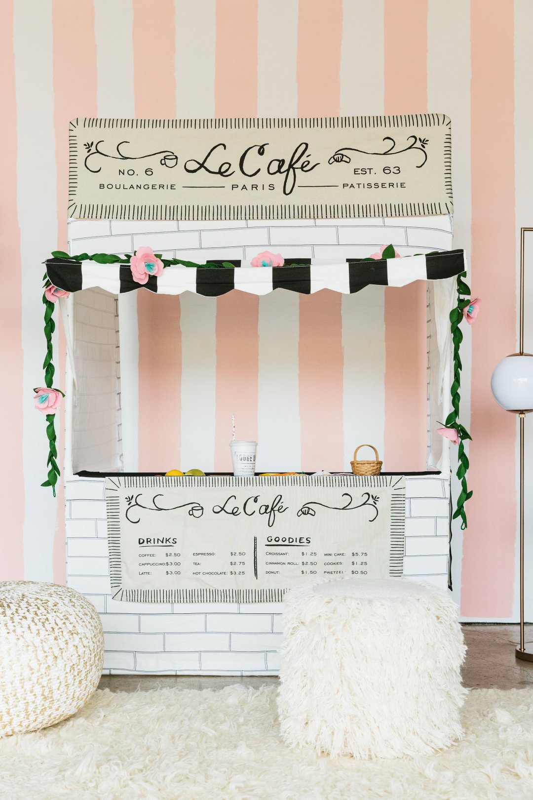 Shop Snack Shack Playhouse, Felt Flower Garland, Cosmos Floor Lamp, Knit Gold Pouf, White Shag Pouf, 8x10' White Flokati Rug and more