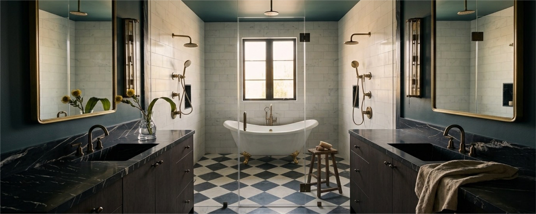 Ryan Saghian Clifton House Primary Bath with the Rosalind Clawfoot Tub, Greyfield Freestanding Tub Faucet, Widespread Faucet, Thermostatic Shower System in Aged Brass