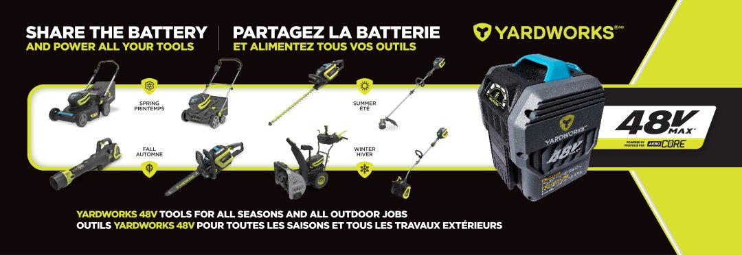 Shop Yardworks 48V 3-in-1 Brushless Push Lawn Mower, 21-in with 6Ah Battery & Charger, Yardworks 48V Max* Cordless Brushless Dethatcher, 14-in, Yardworks 48 V Lithium-ion Cordless Hedge Trimmer, Tool only, 24-in, Yardworks 48V Direct Drive Cordless Grass Trimmer with Power Sense, 15-in, Yardworks 48V Lithium Ion Max Brushless AeroForce 2.0 750 CFM Leaf Blower Kit with (1) 4.0Ah Battery & (1) 2.0A Charger, Yardworks 48 V Max Lithium-ion Brushless Chainsaw, 4 Ah Battery Included , 14-in, Yardworks 96V Two-Stage Brushless Self-Propelled Cordless Snow Blower with 2x8Ah Batteries & 2x4A Chargers, 24-in, Yardworks 48V Brushless Cordless Snow Shovel with 4Ah Battery & Charger, 12-in and more