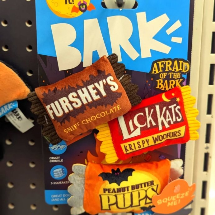 user image by @heartsandhaunts, BARK Afraid of the Bark Halloween Trick-Or-Squeaks Candy Food Shaped Plush Dog Toy