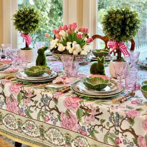 Sweet Us Floral Cotton Block Print Tablecloth With Napkin - 72-Inch Round, Hand-Printed Pink Floral Design - View #6