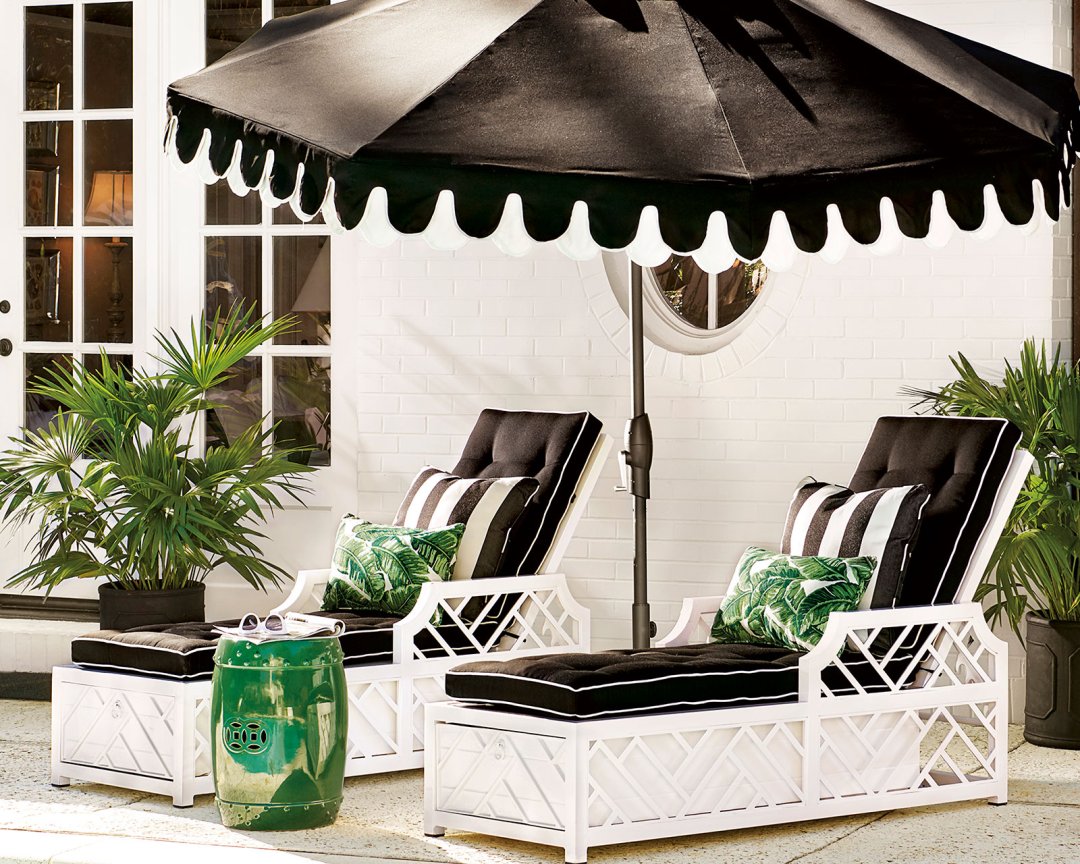 Shop Miles Redd Bermuda Chaise with Cushions - Ballard Designs, Classic Garden Stool, Dalia Scalloped Umbrella, Outdoor Throw Pillow and more