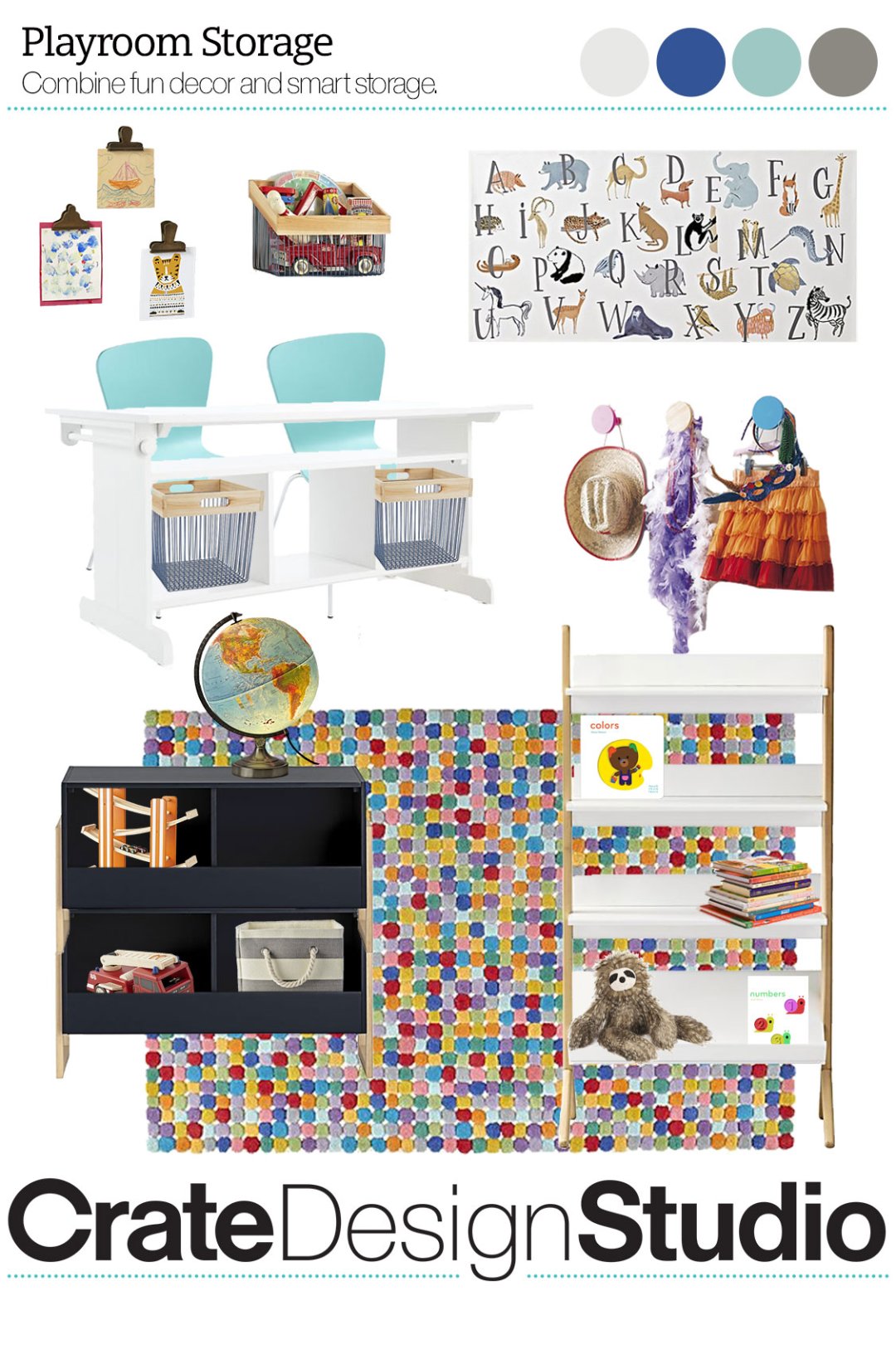 Shop Gallery Wall Clips, Set of 3, Wood and Wire Wall Bins, Animal Alphabet Wall Art, Archie Storage Play Table, Little Felix Grey Stars Kids Chair, Wood and Wire Blue Cube Bin, Round Wall Knobs, Danish White and Natural Tall Bookcase, Illuminated World Globe Lamp, Wooden Race Car Track, Level Up Charcoal 2-Bin Stackable Toy Box, Rainbow Dot Rug, Jellycat ® Sloth Stuffed Animal, Stripes Around Grey Floor Bin, "Numbers Touch Think Learn" Baby Board Book and more