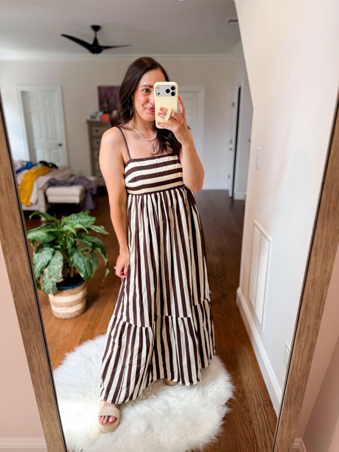 casual daytime maxi dresses A New Day Women's Sleeveless Cami Dress - Brown Striped Floral maxi Size:40R/34W tribal pattern Dresses with Boots Outfits