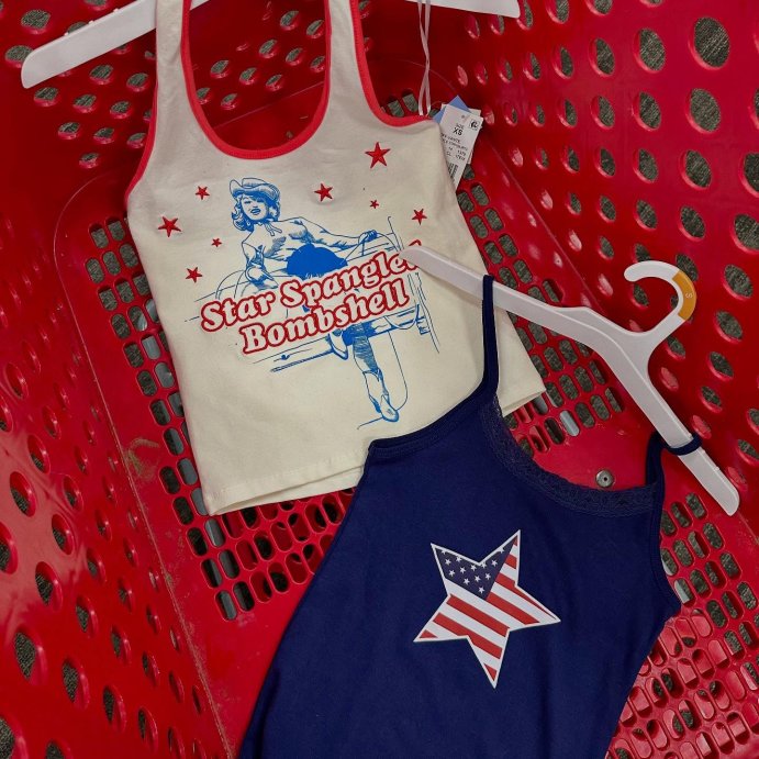 user image by @fabfindswithfallon, Women's Star Flag Graphic Tank Top with Lace Trim - Navy Blue