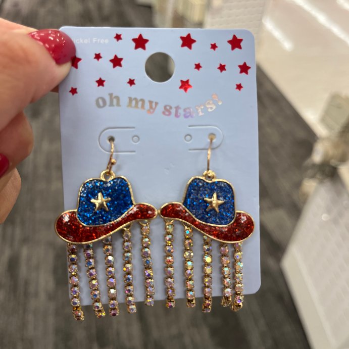 user image by Maria Angelica Gutierrez, Americana Cowboy Hat with Rhinestone Drop Earrings - Blue/Red