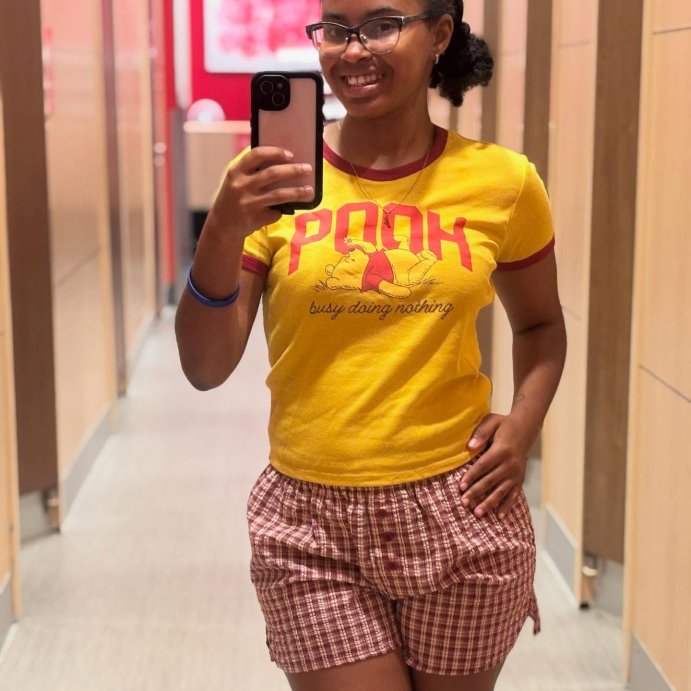 user image by @poka.hunt.us, Women's Pooh Ringer Short Sleeve Graphic Baby T-Shirt - Dark Mustard Yellow