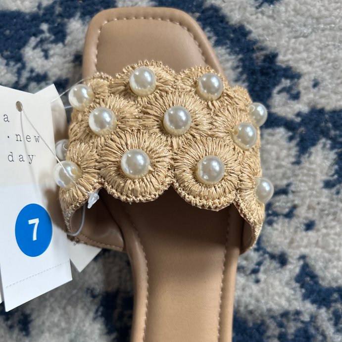 user image by Sunny , Women&#39;s Delaney Ornament Slide Sandals with Memory Foam Insole - A New Day&#8482; Tan