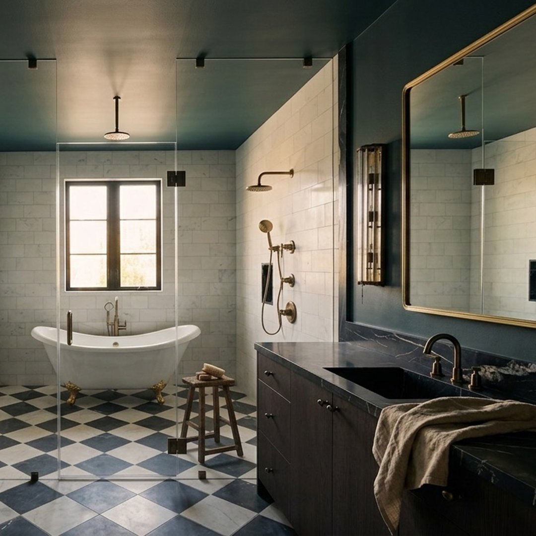 Ryan Saghian Clifton House Primary Bath with the Rosalind Clawfoot Tub, Greyfield Freestanding Tub Faucet, Widespread Faucet, Thermostatic Shower System in Aged Brass