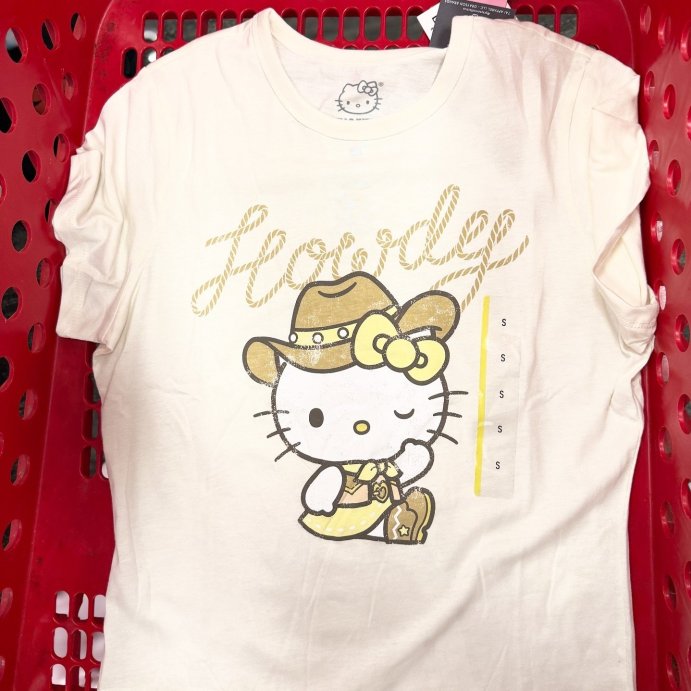 user image by @thathappytargetchick, Women's Hello Kitty Howdy Short Sleeve Graphic Shrunken T-Shirt - White