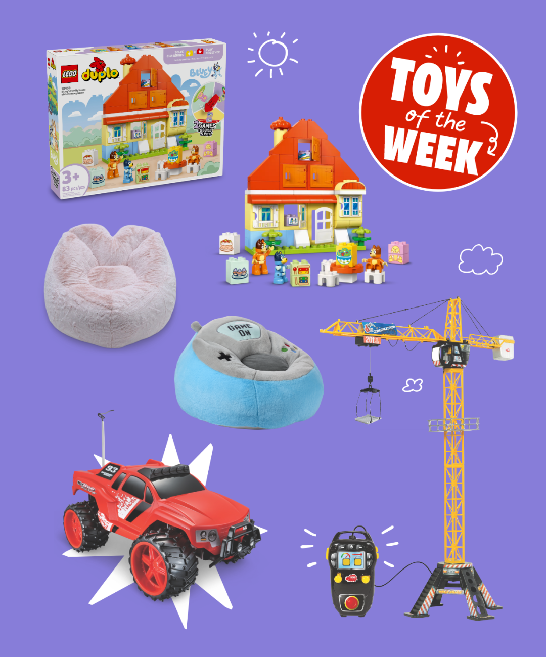 Shop LEGO® Duplo Bluey's Family House with Memory Game - 10459, 83-pcs, Ages 3+, Kids' Plush Pink Heart Chair, Plush Soft Gaming Chair, Offroad Series 1:16 Scale Remote Controlled Truck Vehicle Toy, Assorted, Ages 8+, Dickie Toys Construction Motorized Mega Crane Toy Playset For Kids, 48-In, Ages 3+ and more