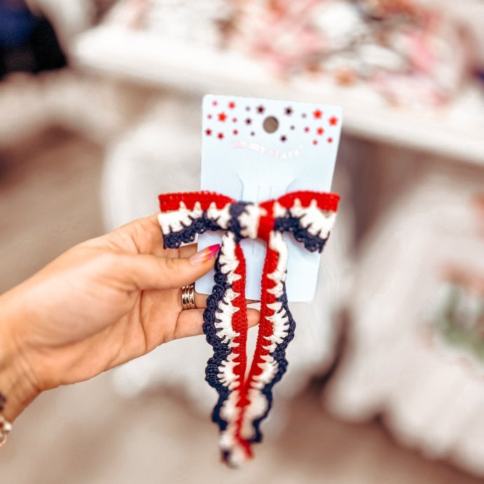 user image by @rusticwifestyle, Americana Knitted Hair Bow Barrette - Red/White/Blue