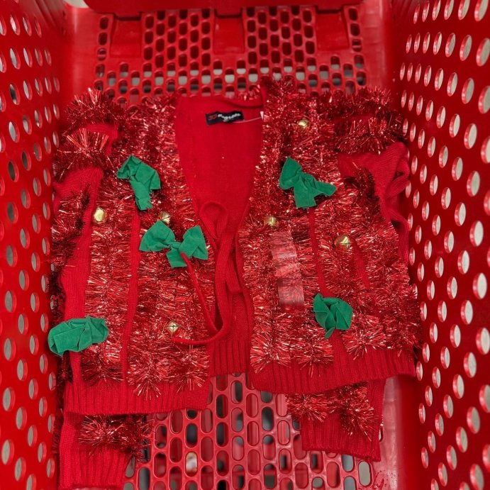 user image by @alleyezonfindz, Women's Tinsel Festive Graphic Cardigan - Red