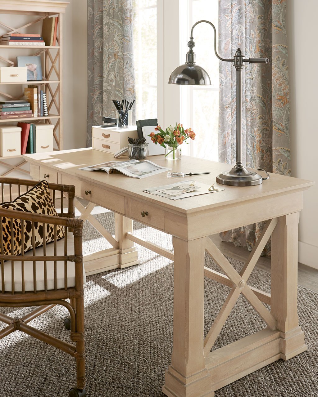 Shop James Table Lamp, Bourdonnais Desk, Tabby Desk Chair - Ballard Designs, Elisa 2-Drawer File, Bourdonnais Double Bookcase - Tall and more