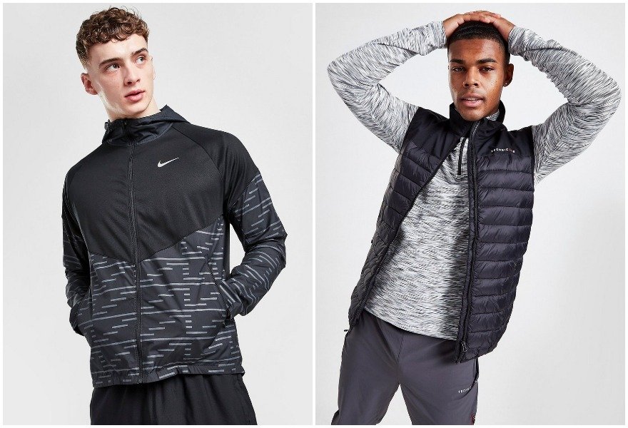 Miesten treenivaatteet ulkotreeneihin, Niken musta takki ja Technicalsin musta liivi