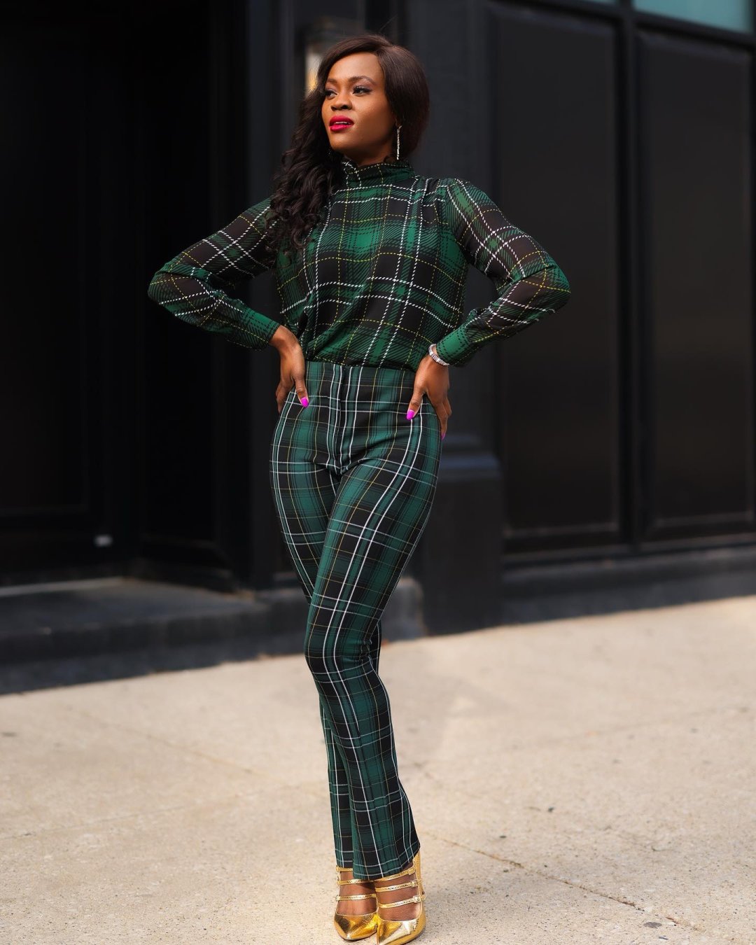 Green plaid high waisted on sale pants