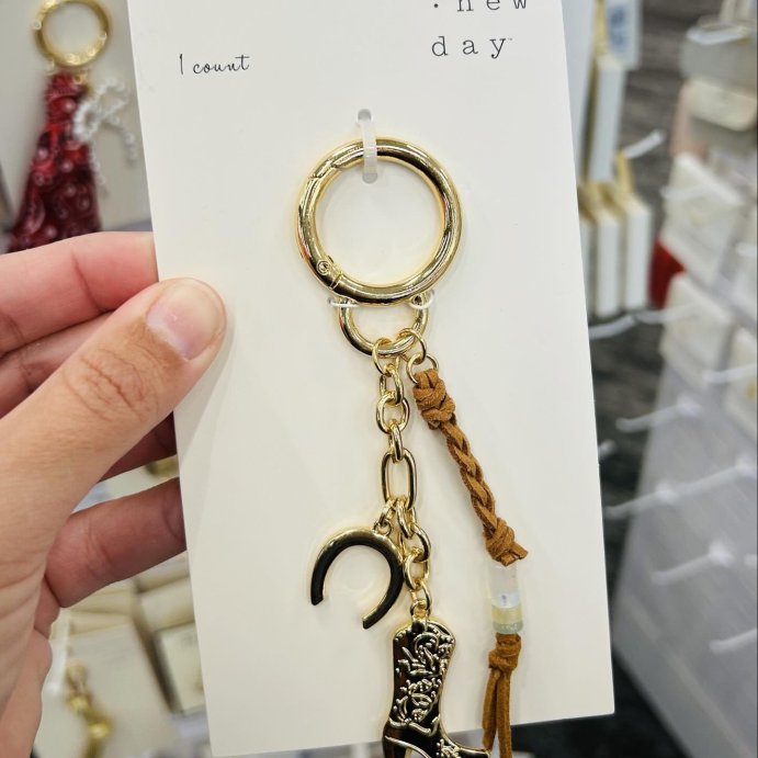 user image by @mytargetaddiction_, Mixed Semi-Precious Rose Quartz Braided Tassel with Cowboy Boot Cluster Handbag Charm - A New Day&#8482; Gold