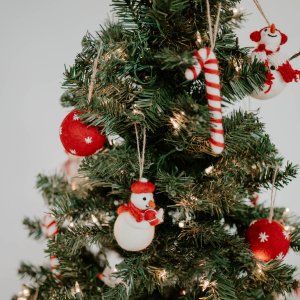 Red & White Felted Wool Ball Ornaments, Set of 6
