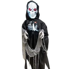 Shop For Living Skeleton Grim Reaper Animated LED Light-Up Hanging Character, Black, 6-ft, Sound & Light Activated Indoor Decoration for Halloween and more